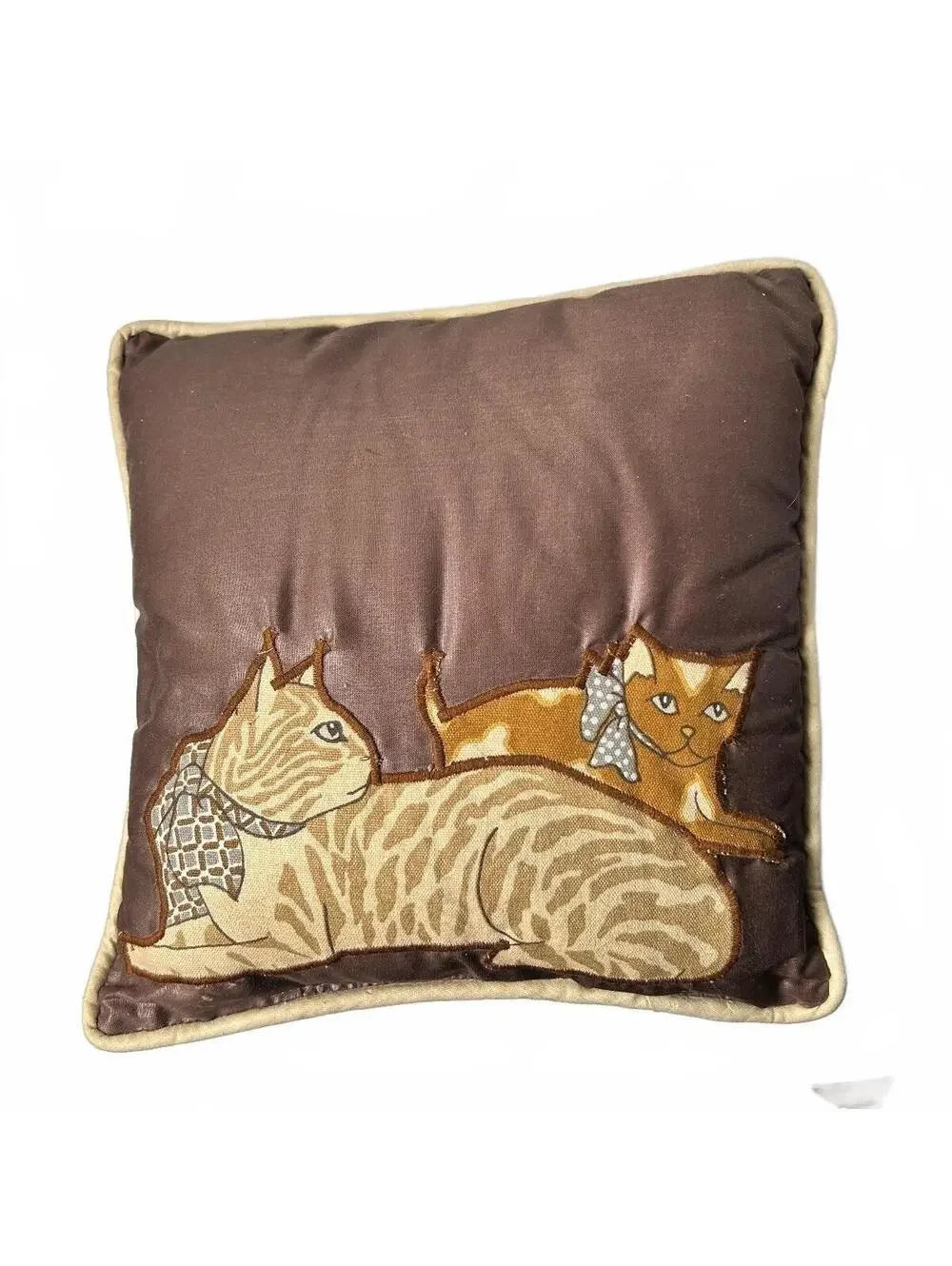 Decorative Brown Pillow with Cat Embroidery by Desley